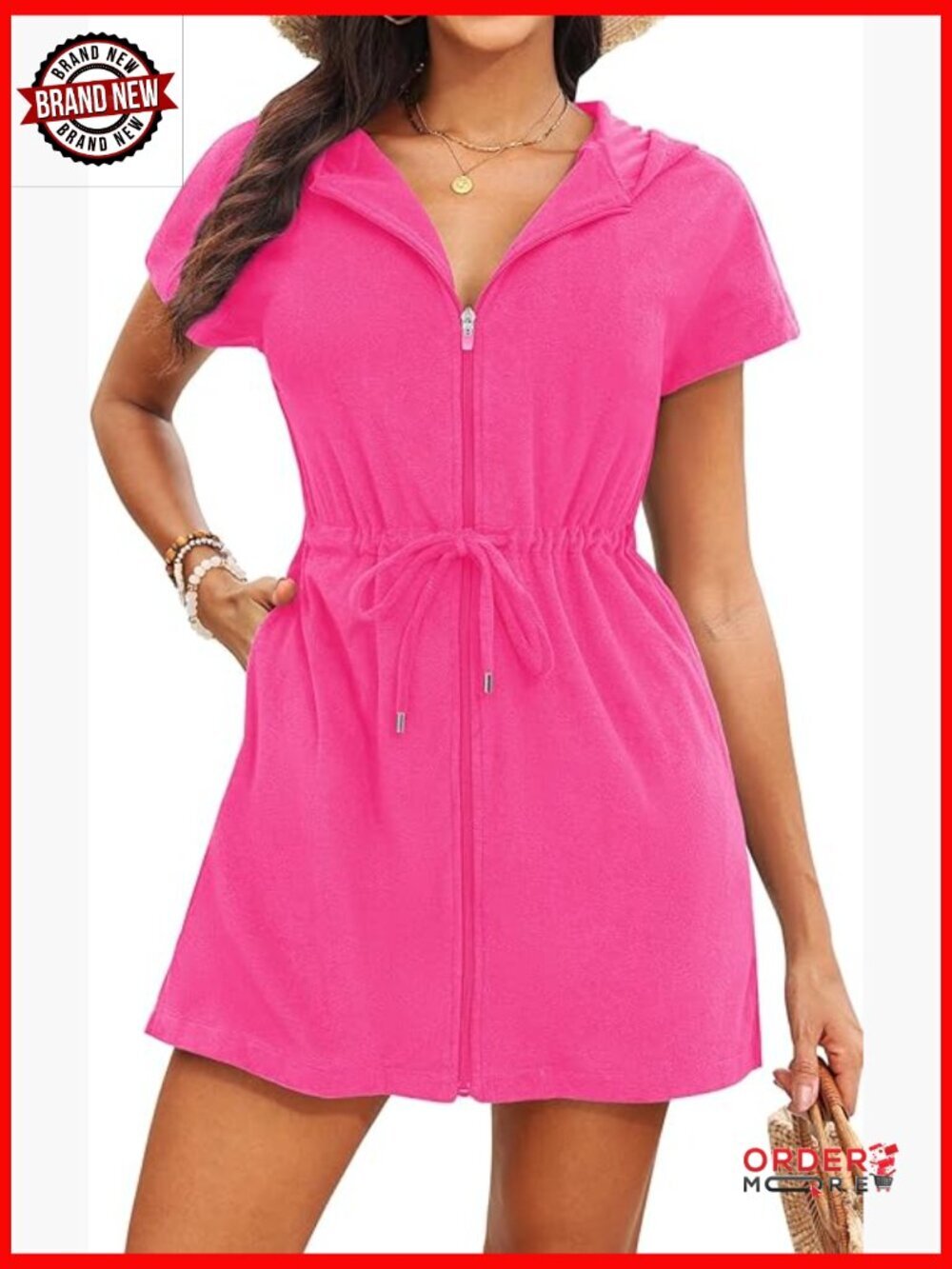 Hooded Terry Cloth Beach Cover Up with Zipper Pockets